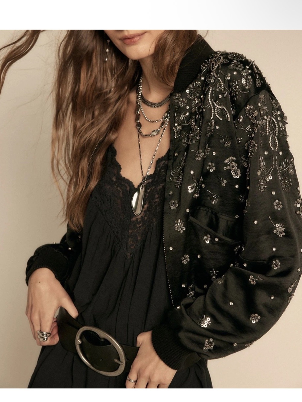 Free People Stassi Black Satin Embellished Beaded Bomber Jacket NWT Size XS - Picture 2 of 11